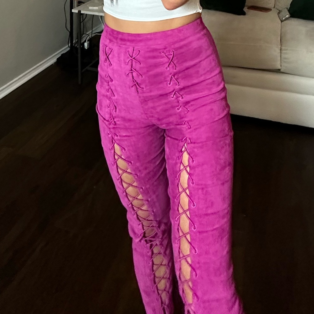 Pink suede lace up leggings
